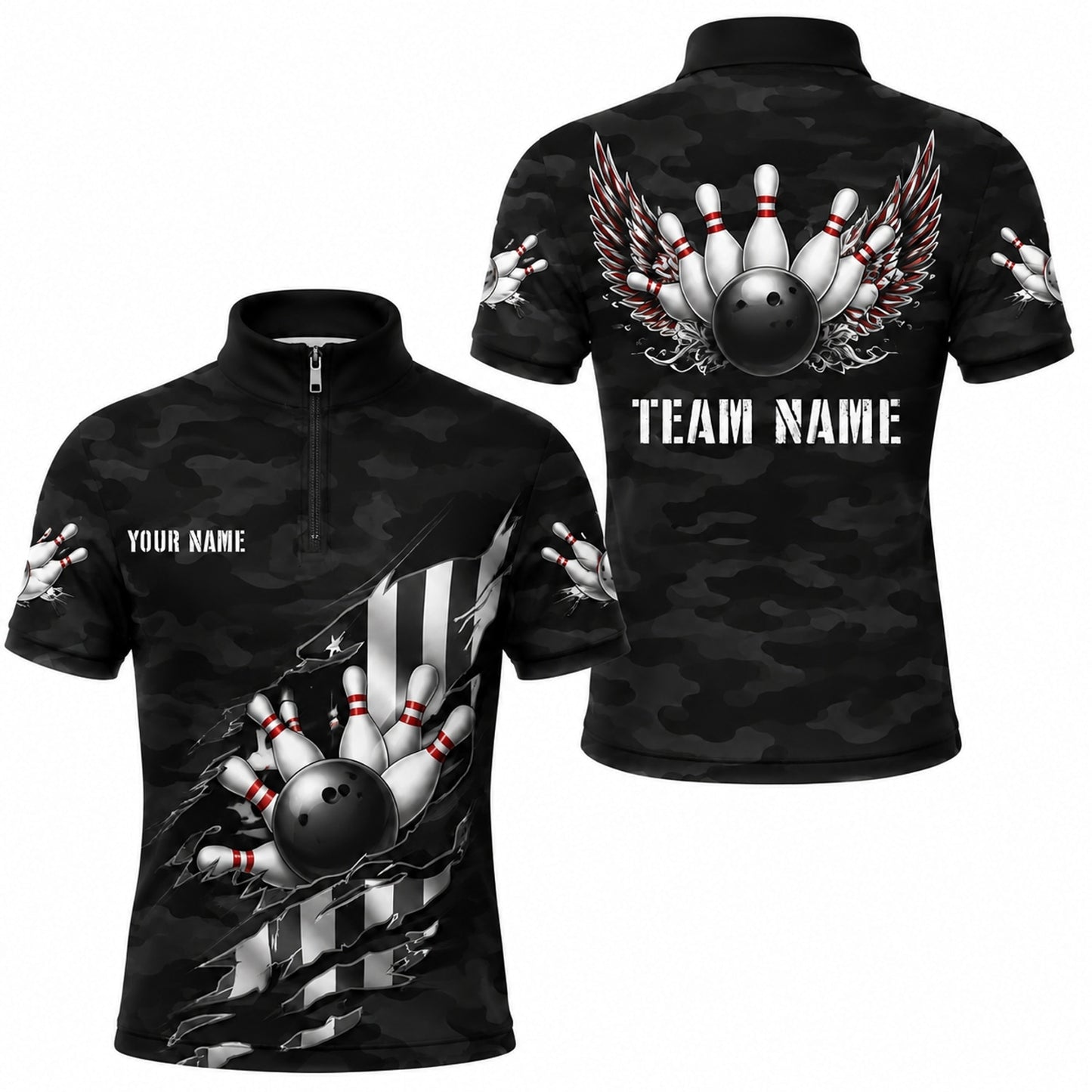Bowling Ball Strike Wings Custom Bowling Polo Shirt Jersey Zip 1 4 Collar