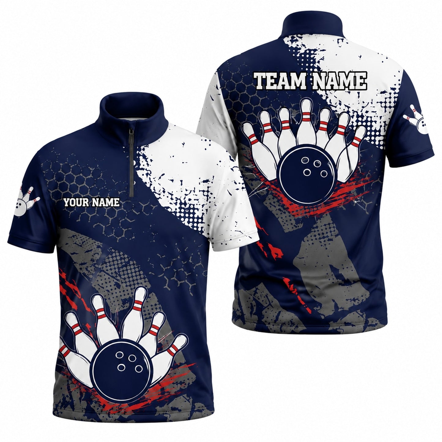 Bowling Ball With Pins Sport Personalized Bowling Polo Shirt Jersey Zip 1 4 Collar