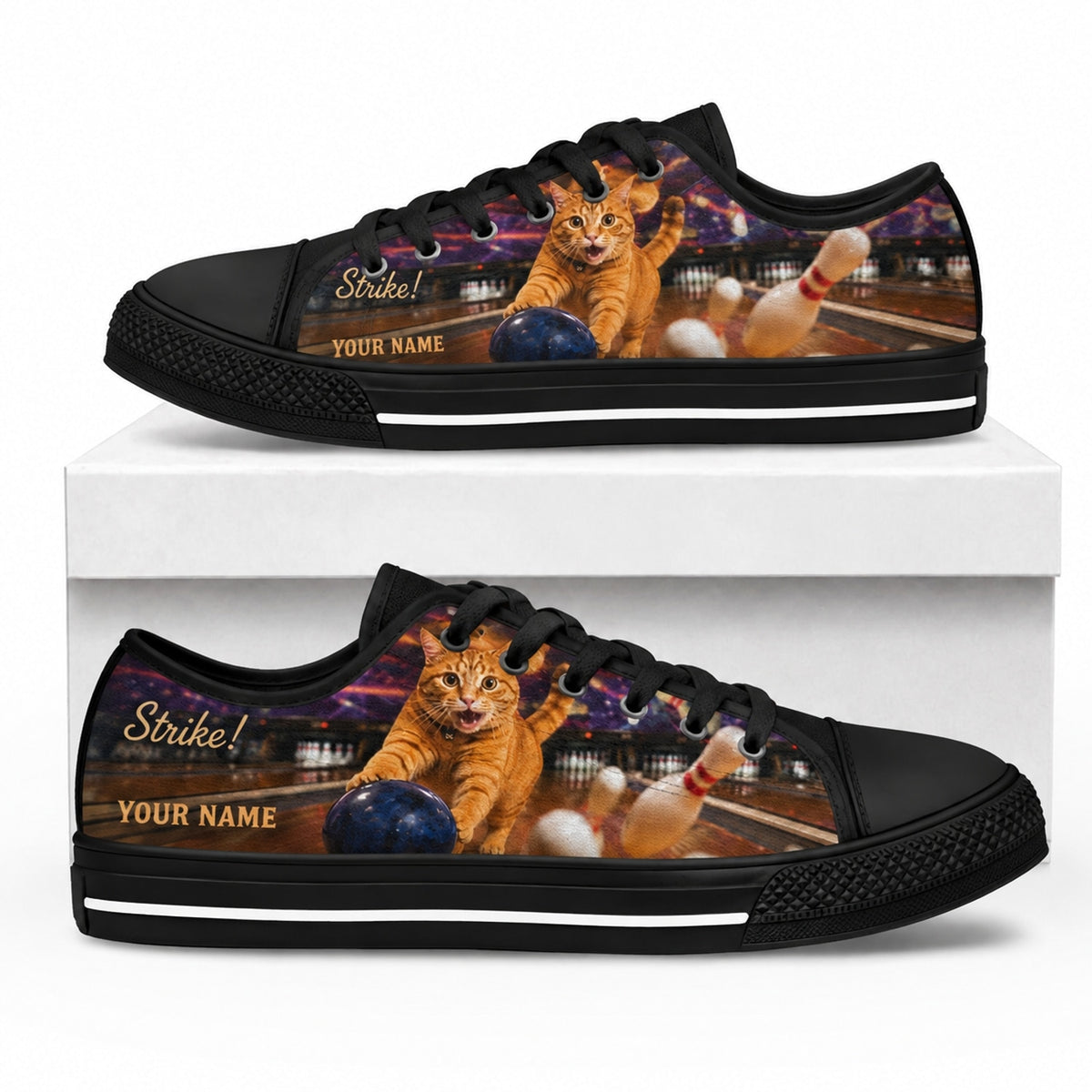 Bowling Cat Strike Graphic Personalized Low Top Shoes Box Black