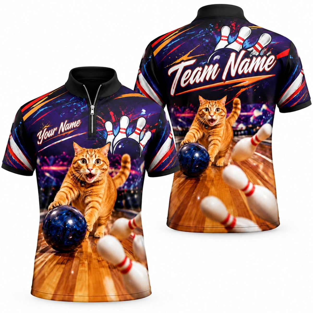 Bowling Cat Strike Sport Custom Bowling Polo Shirt Jersey Zip 1 4 Collar