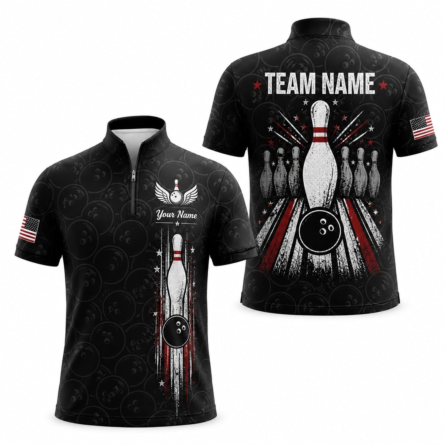 Bowling Pin And Ball Sport Custom Bowling Polo Shirt Jersey Zip 1 4 Collar