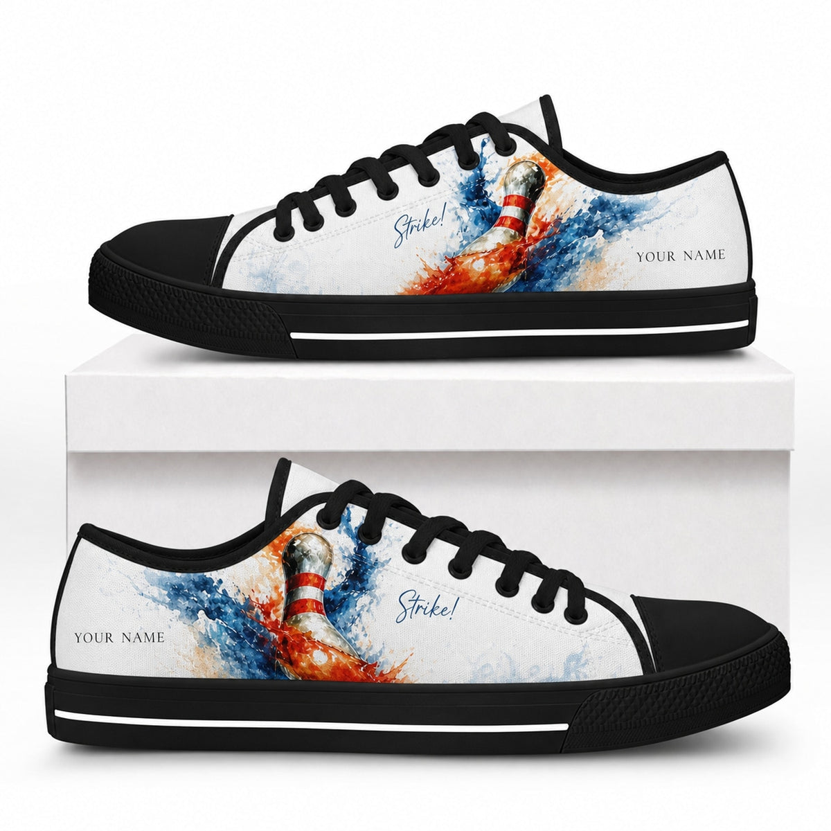 Bowling Pin Splash Graphic Custom Low Top Shoes Box Black