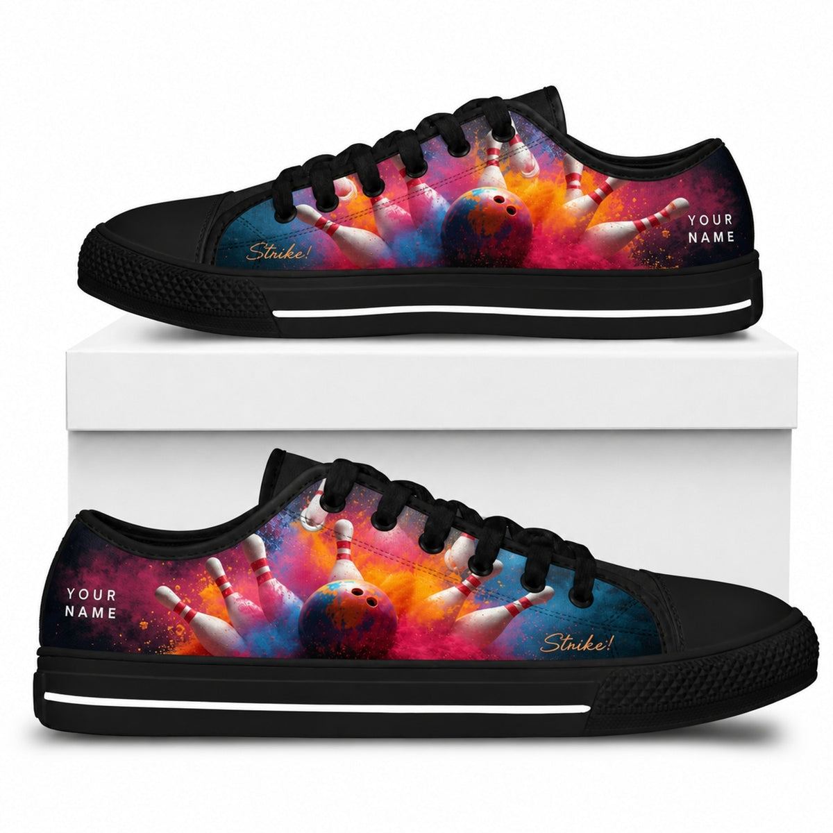 Bowling Strike Design Graphic Custom Low Top Shoes Box Black
