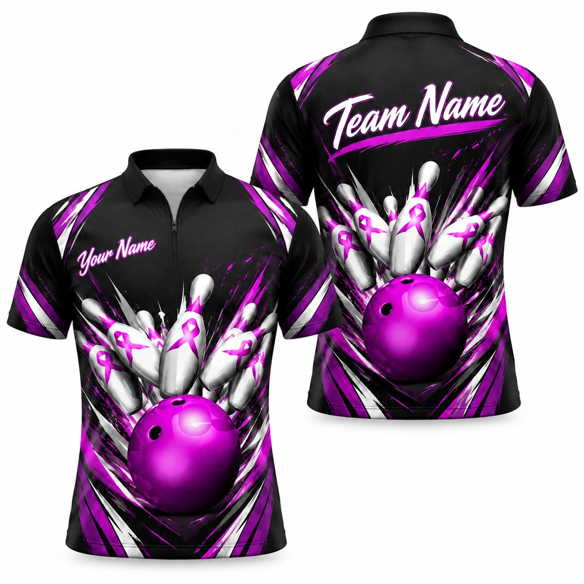 Breast Cancer Ribbon Strike Sport Personalized Bowling Polo Shirt Jersey Zip 1 4 Collar