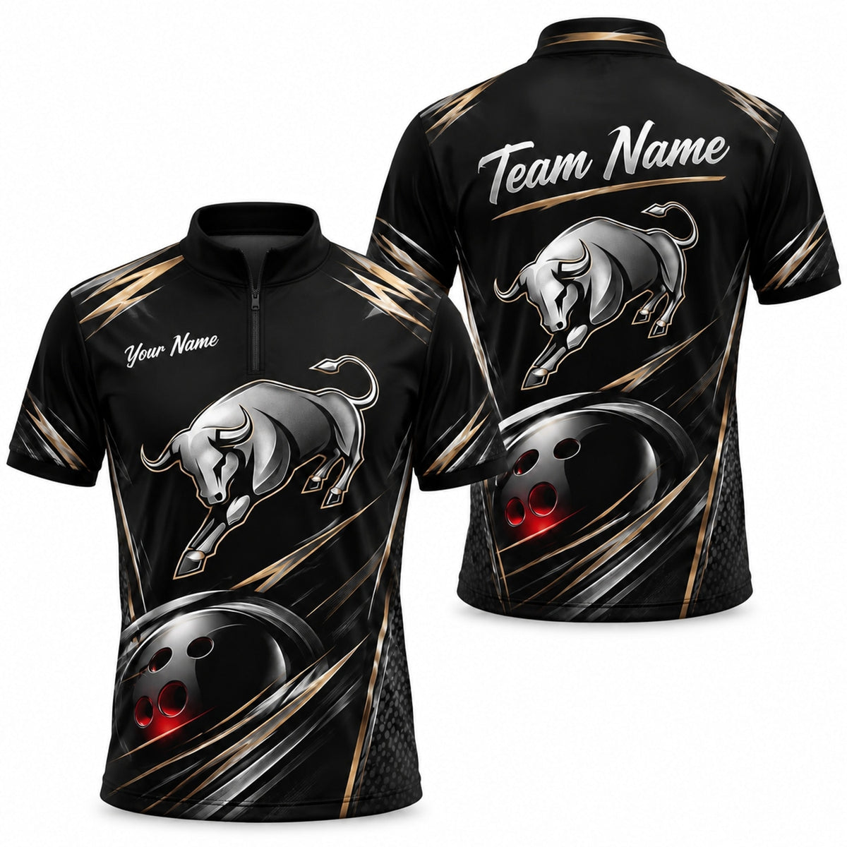Charging Bull Bowling Sport Custom Bowling Polo Shirt Jersey Zip 1 4 Collar