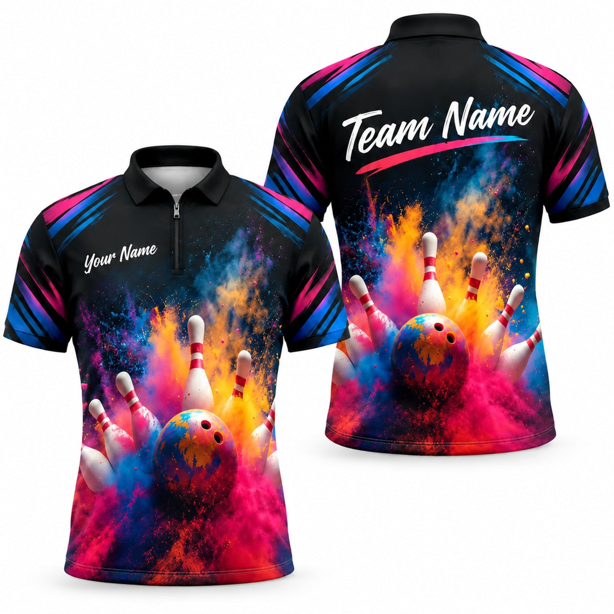 Color Splash Bowling Strike Sport Custom Bowling Polo Shirt Jersey Zip 1 4 Collar