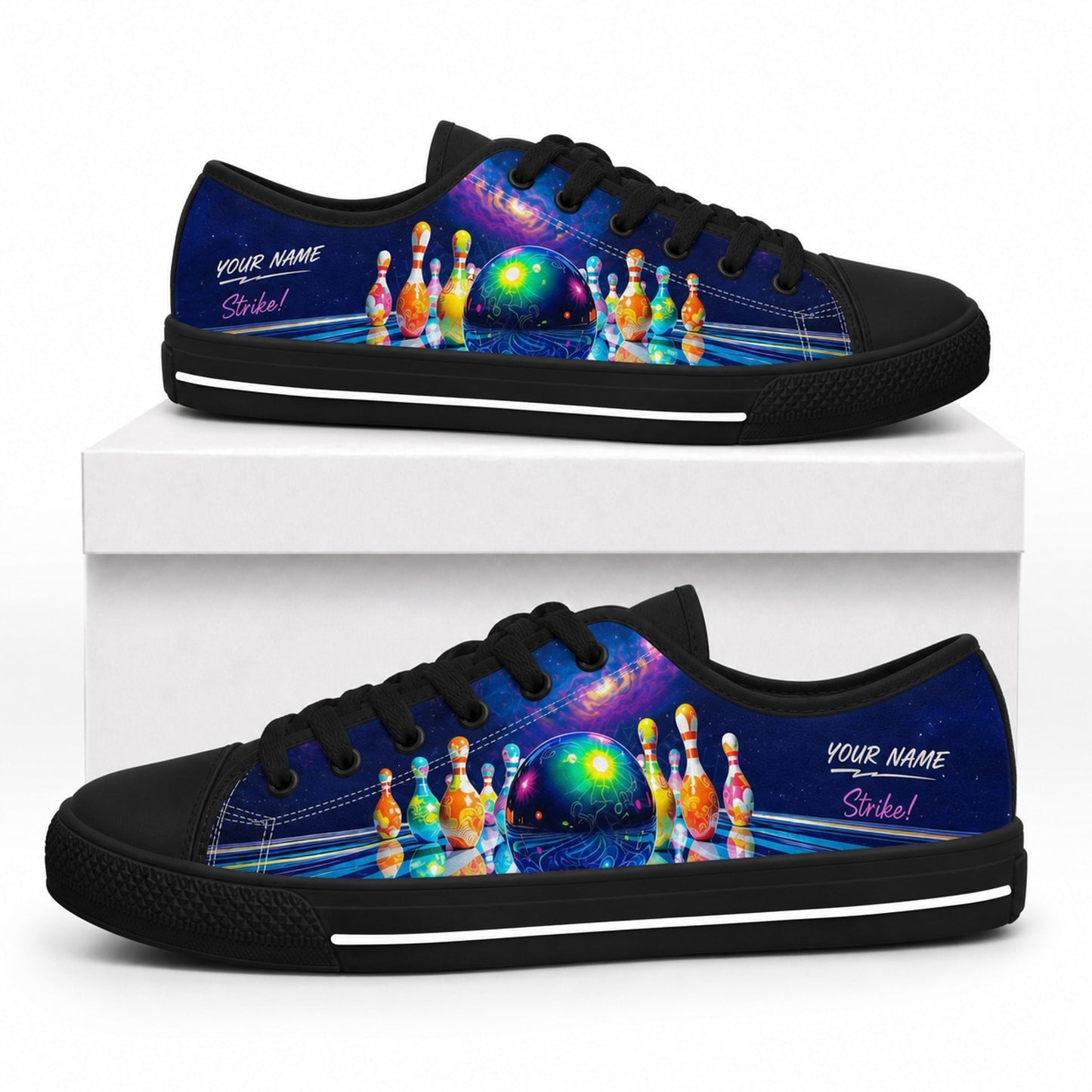 Colorful Bowling Strike Graphic Personalized Low Top Shoes Box Black