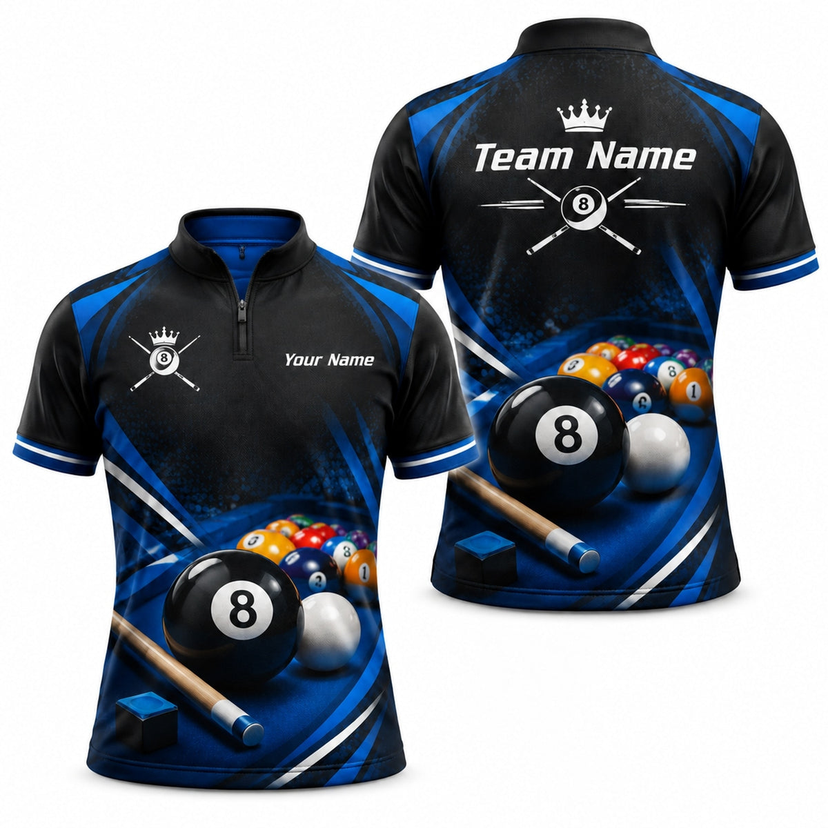 Crowned 8 Ball Cues Sport Personalized Billiard Polo Shirt Jersey Zip 1 4 Collar