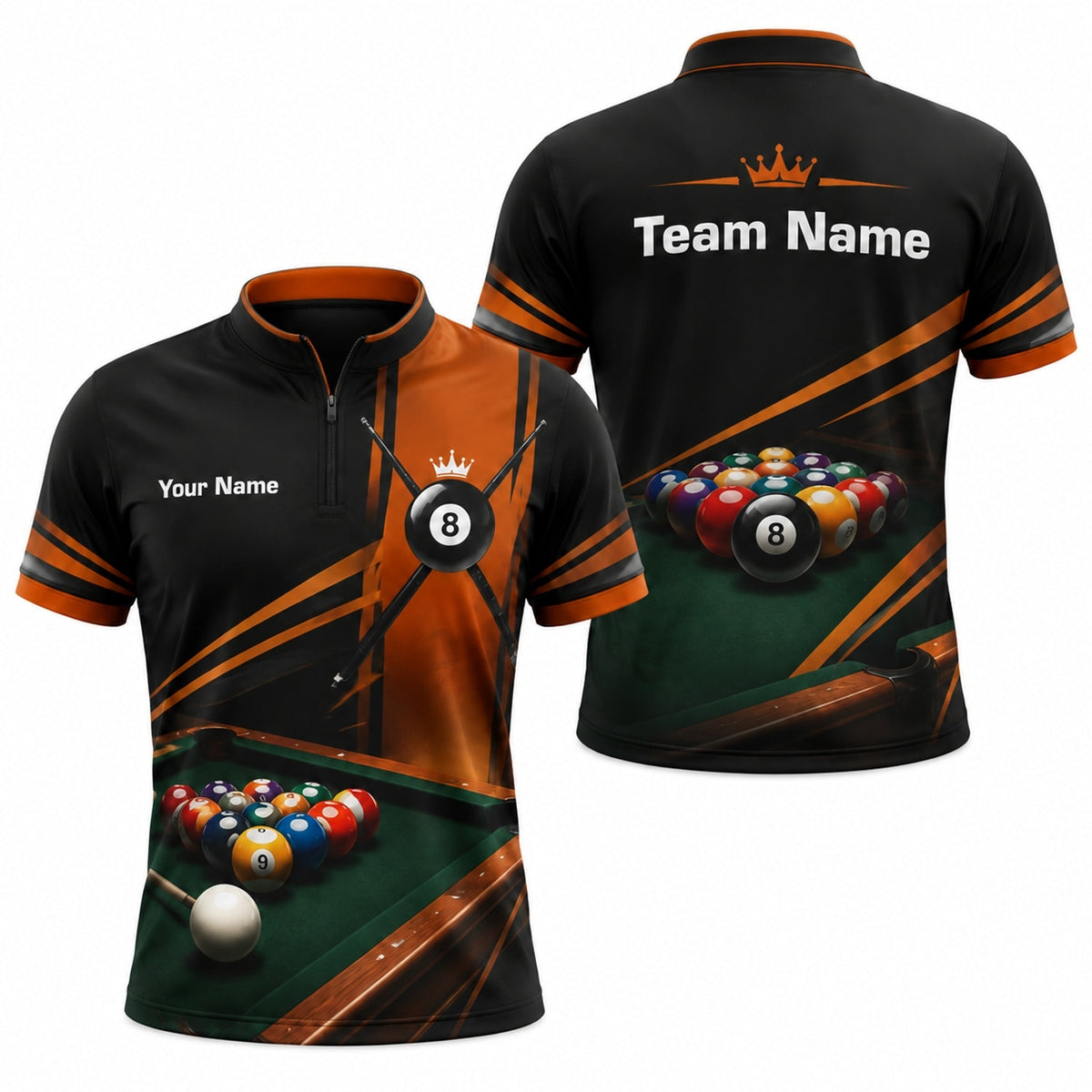 Crowned 8 Ball Rack Sport Personalized Billiard Polo Shirt Jersey Zip 1 4 Collar