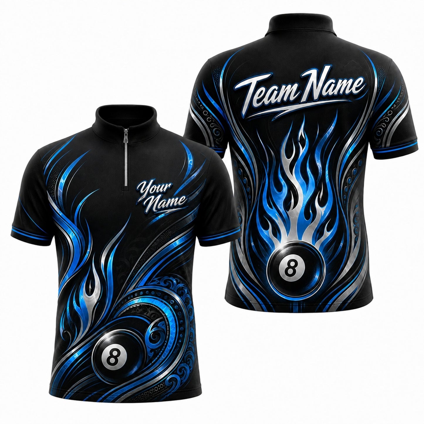 Custom Team Name 8 Ball Billiard Polo Shirt Jersey Zip 1 4 Collar