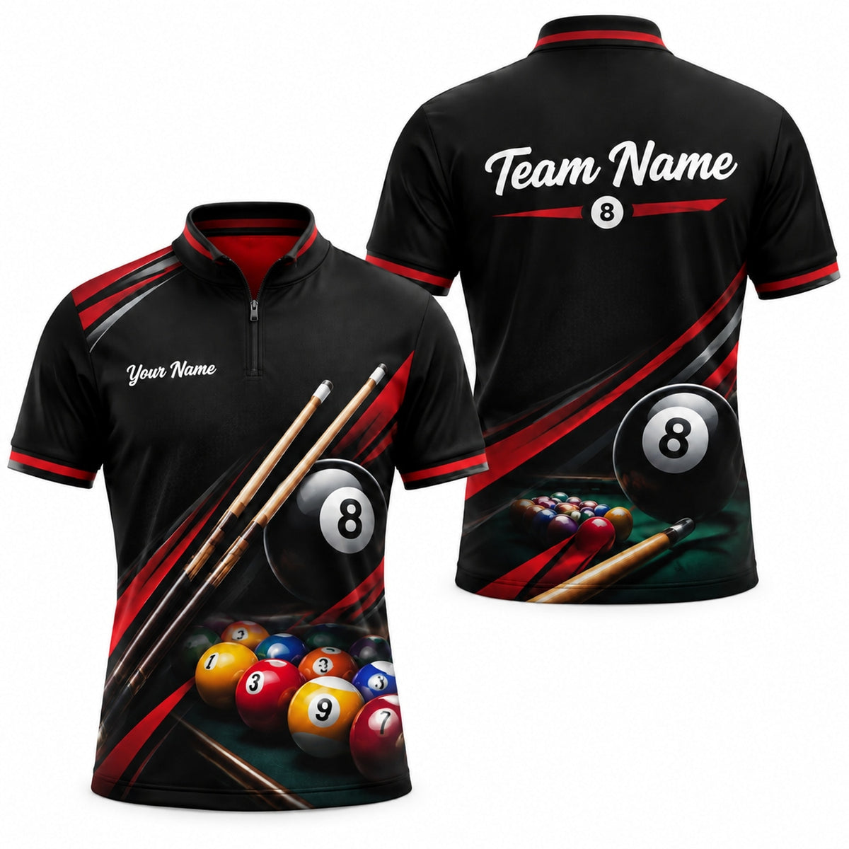Eight Ball Billiards Graphic Personalized Billiard Polo Shirt Jersey Zip 1 4 Collar