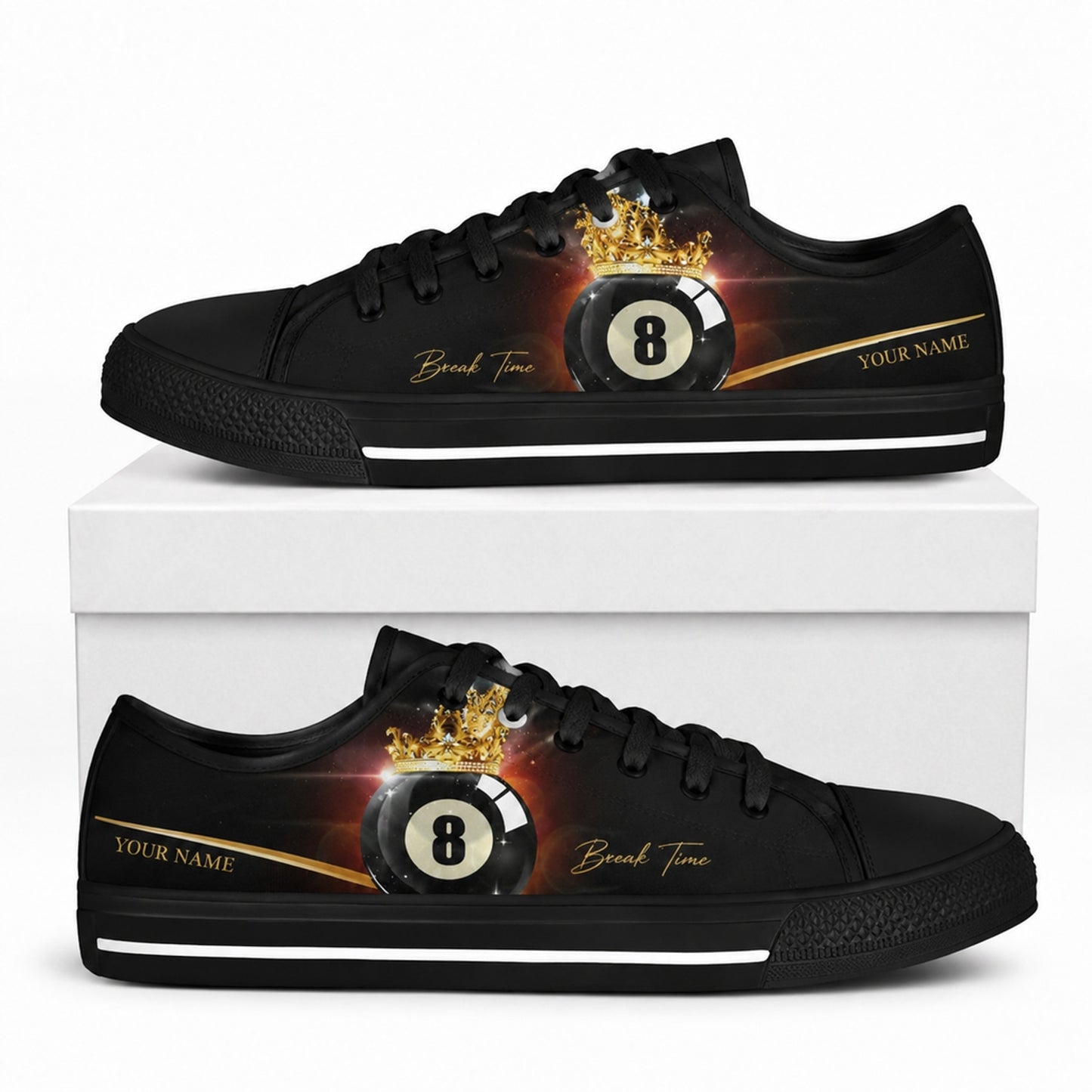 Eight Ball With Crown Graphic Personalized Low Top Shoes Box Black