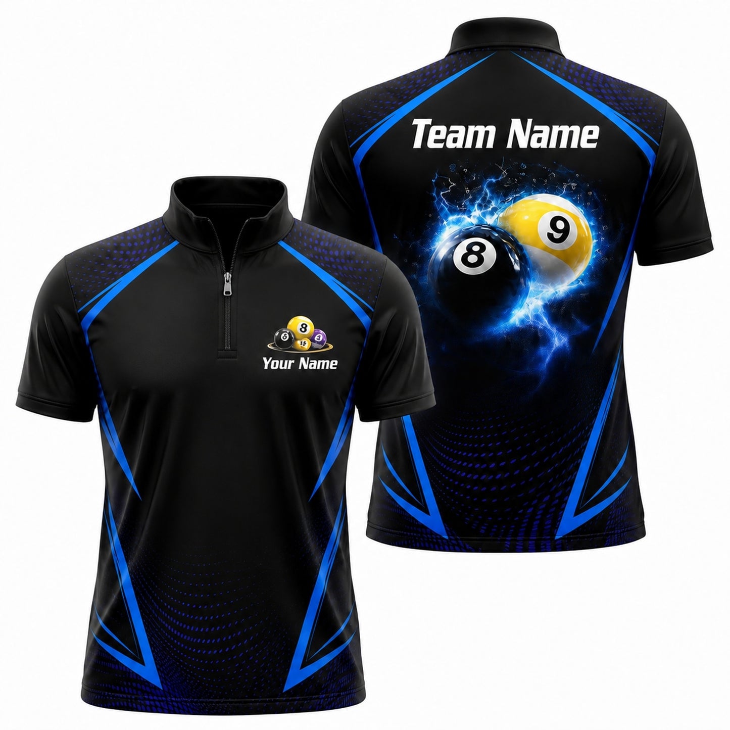 Electric 8 And 9 Ball Sport Personalized Billiard Polo Shirt Jersey Zip 1 4 Collar