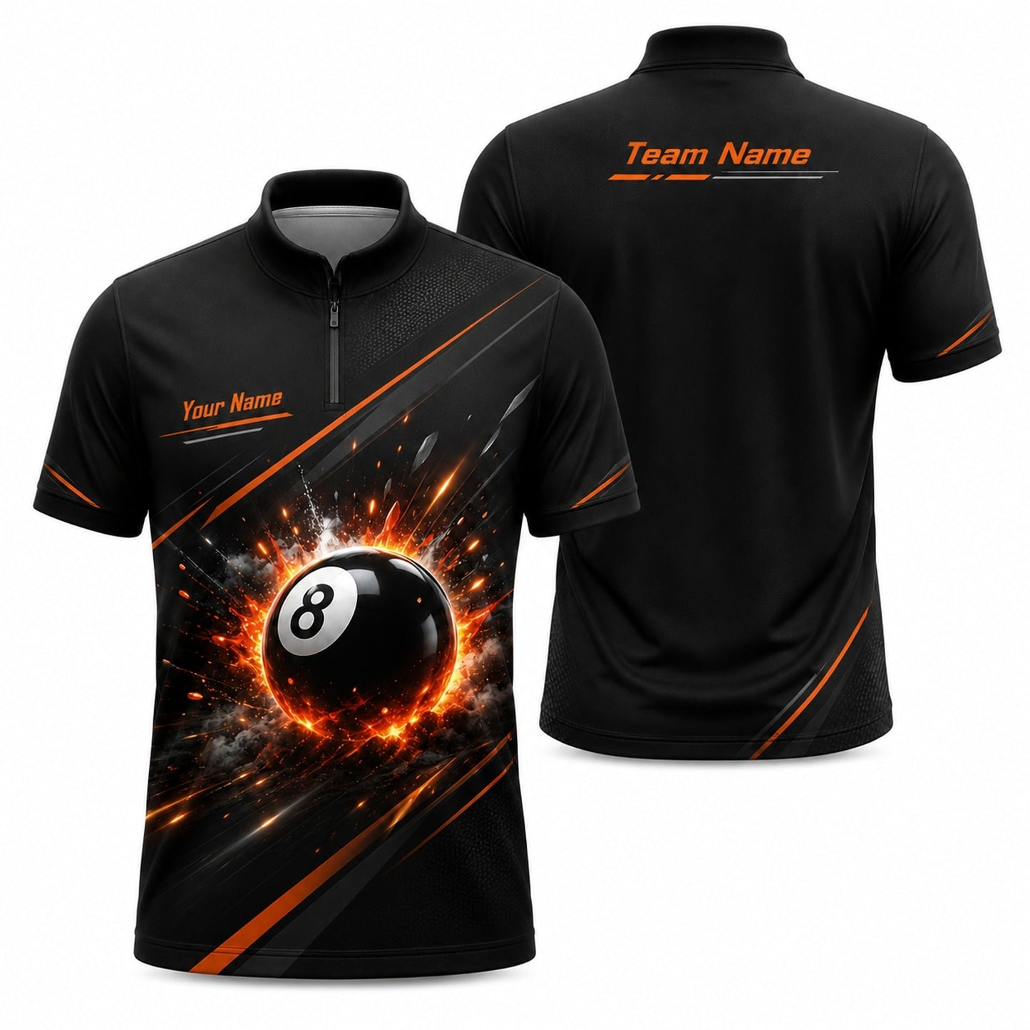 Exploding 8 Ball Graphic Personalized Billiard Polo Shirt Jersey Zip 1 4 Collar