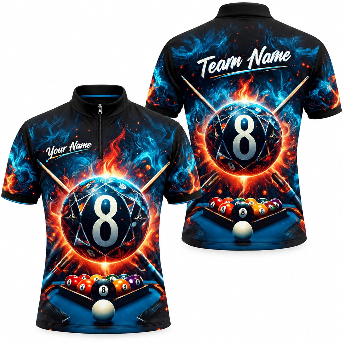 Fiery 8 Ball Graphic Personalized Billiard Polo Shirt Jersey Zip 1 4 Collar