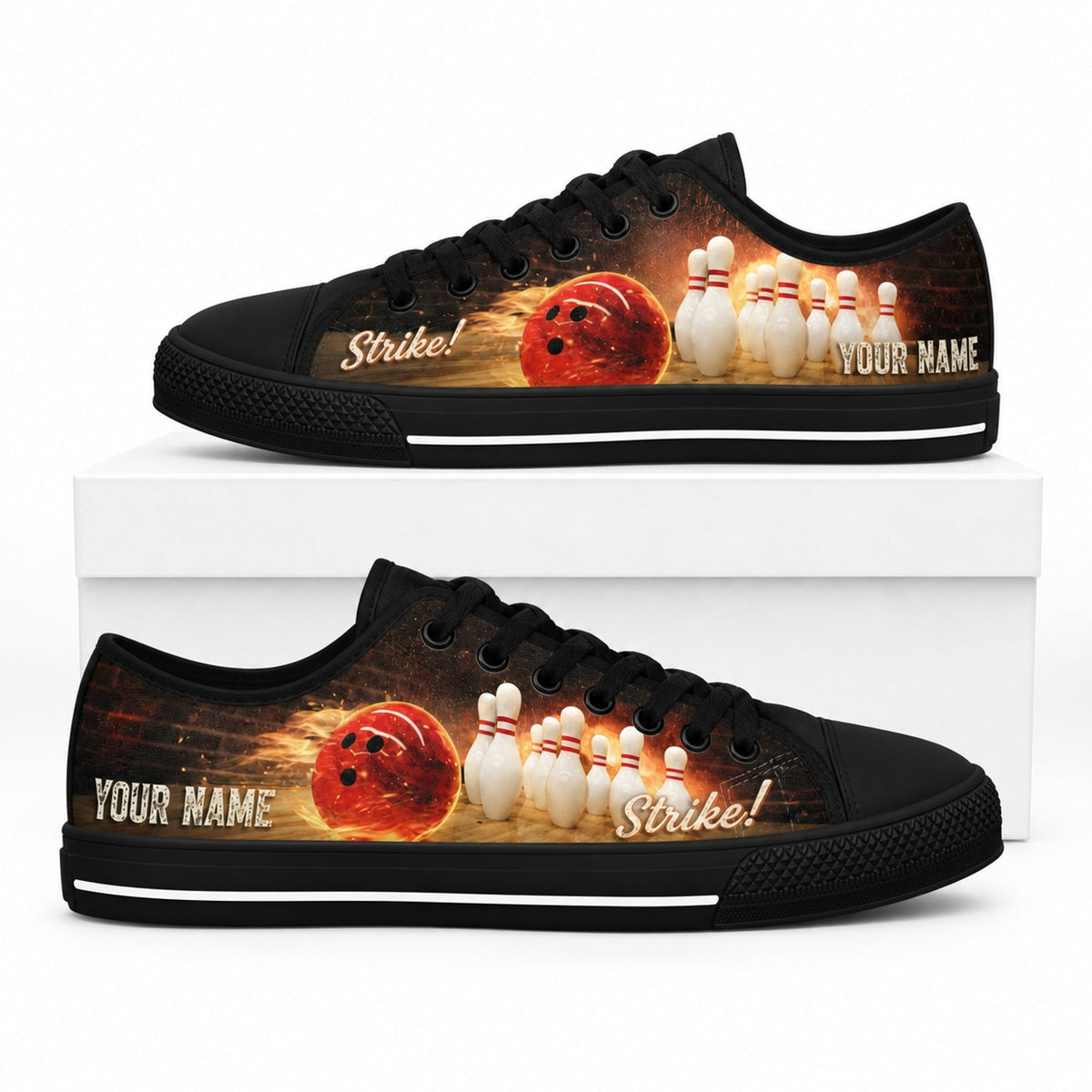 Fire Bowling Ball And Pins Graphic Personalized Low Top Shoes Box Black