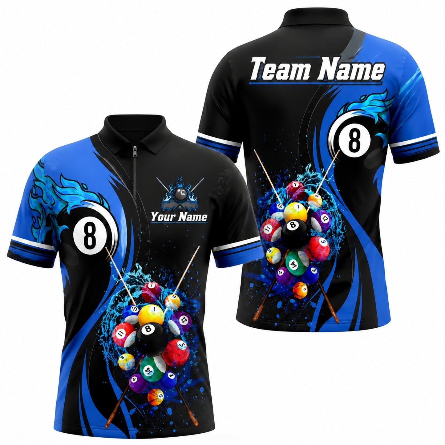 Flaming 8 Ball Billiards Sport Custom Billiard Polo Shirt Jersey Zip 1 4 Collar