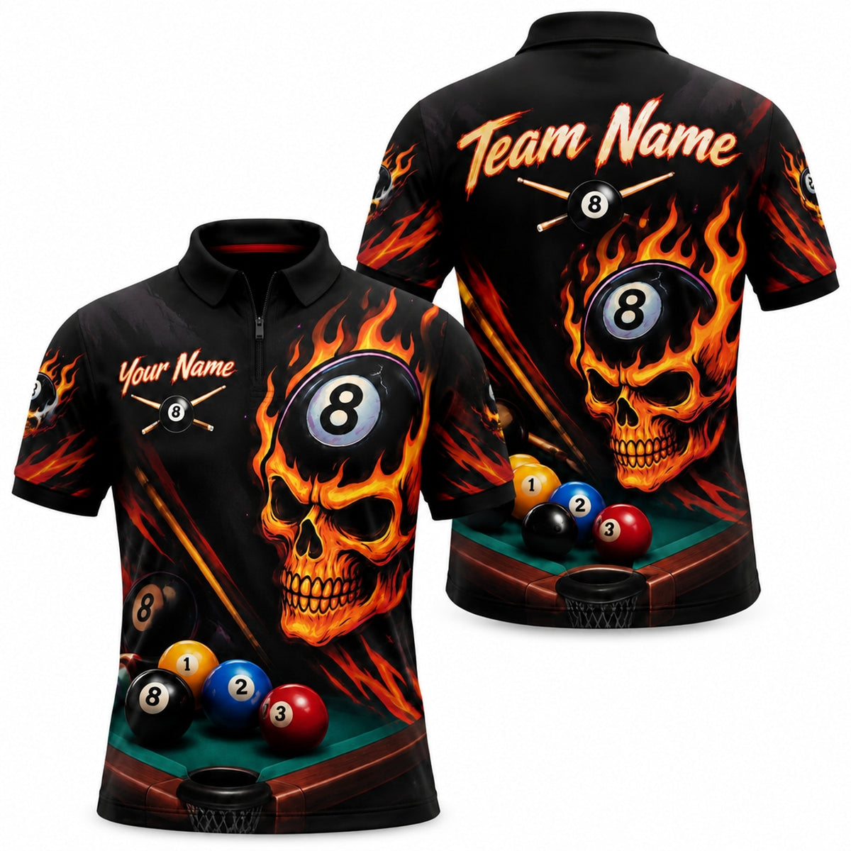 Flaming 8 Ball Skull Sport Custom Billiard Polo Shirt Jersey Zip 1 4 Collar