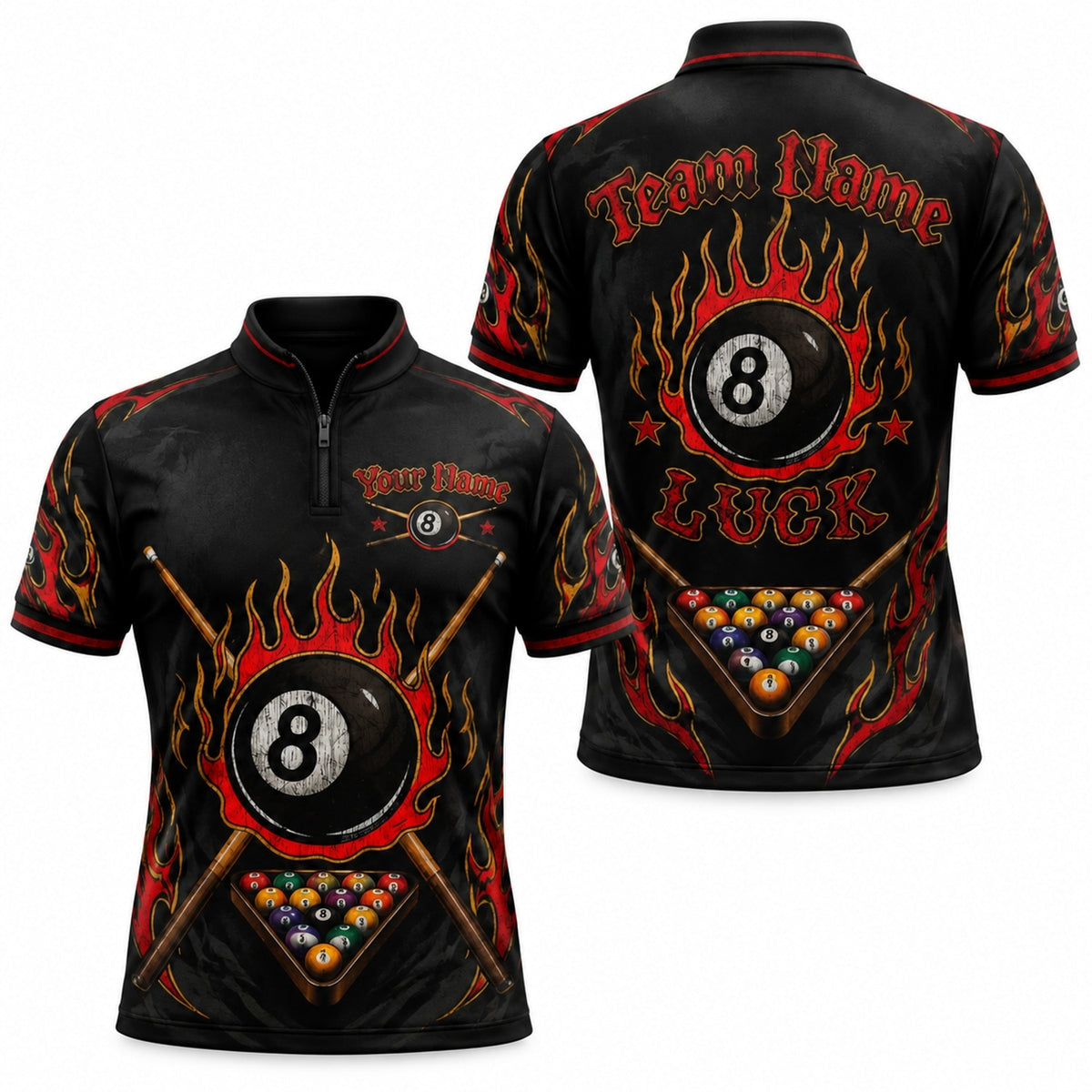 Flaming 8 Ball Sport Custom Billiard Polo Shirt Jersey Zip 1 4 Collar