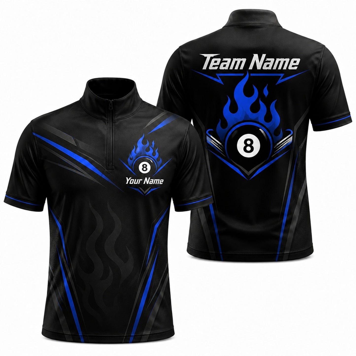 Flaming 8 Ball Sport Personalized Billiard Polo Shirt Jersey Zip 1 4 Collar