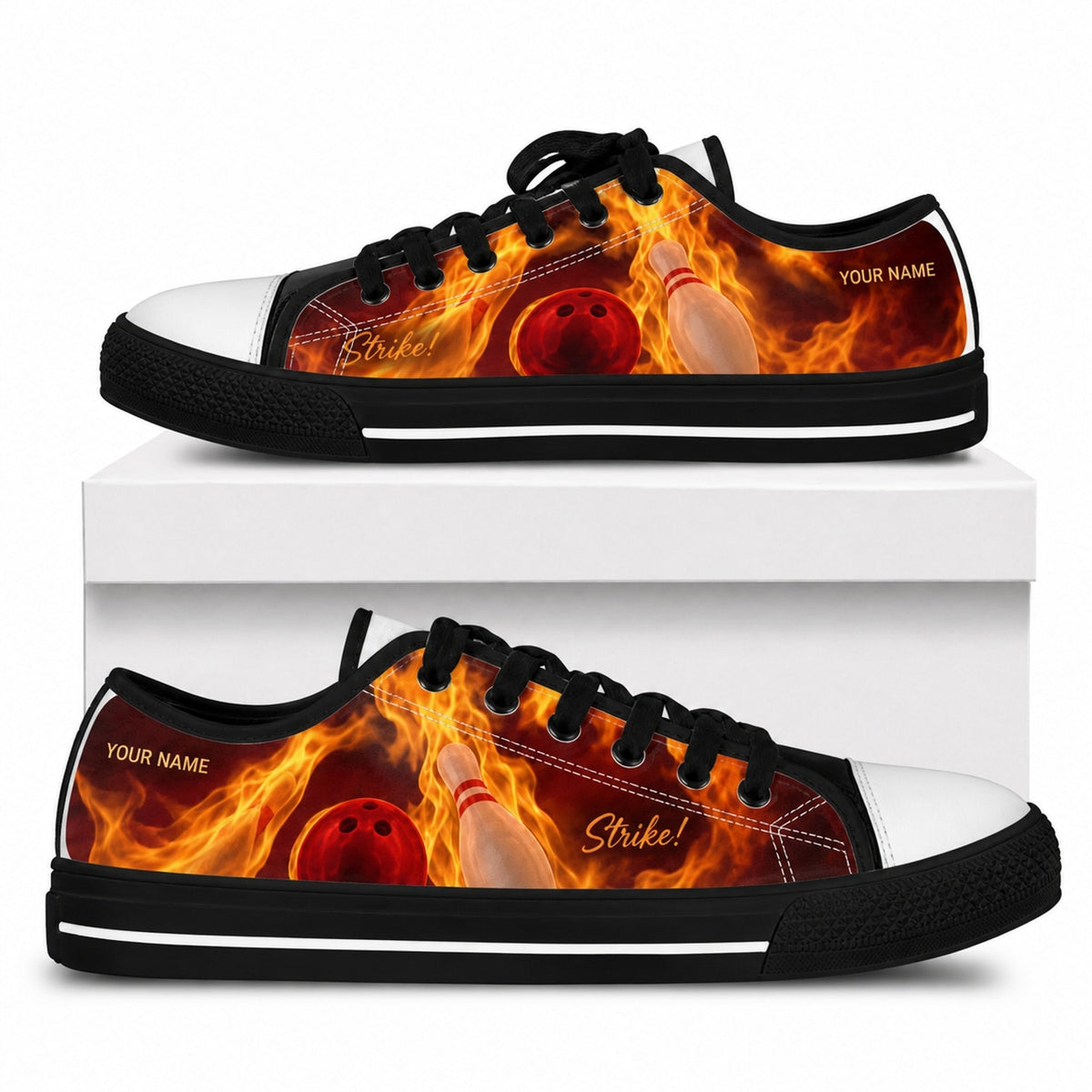 Flaming Bowling Strike Graphic Personalized Low Top Shoes Box Black