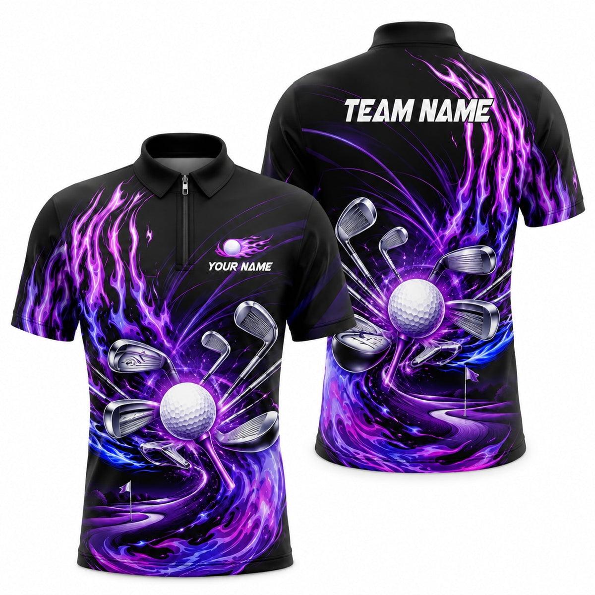 Flaming Golf Ball and Clubs Sport Personalized Golf Polo Shirt Jersey Zip 1 4 Collar