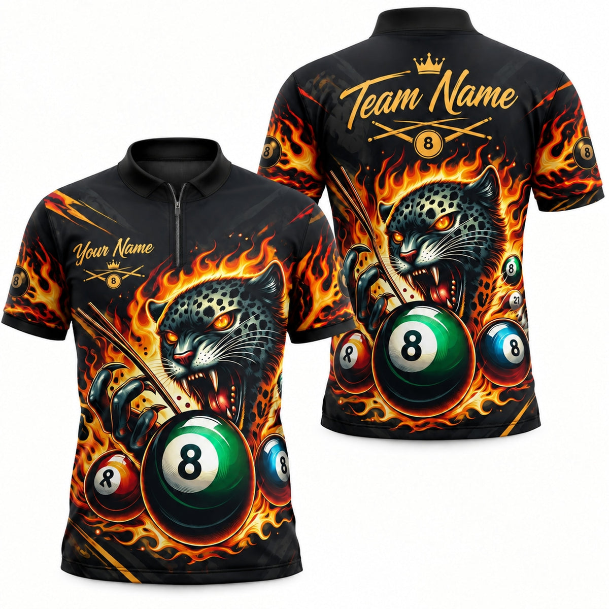 Flaming Leopard 8 Ball Sport Personalized Billiard Polo Shirt Jersey Zip 1 4 Collar