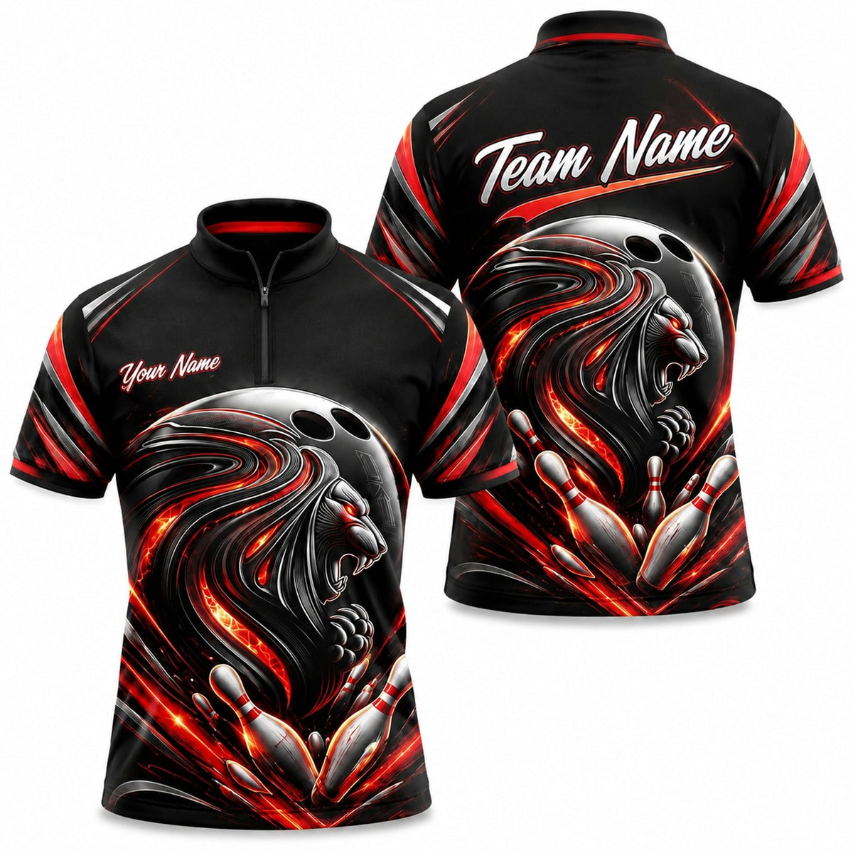 Flaming Lion Bowling Ball Sport Custom Bowling Polo Shirt Jersey Zip 1 4 Collar