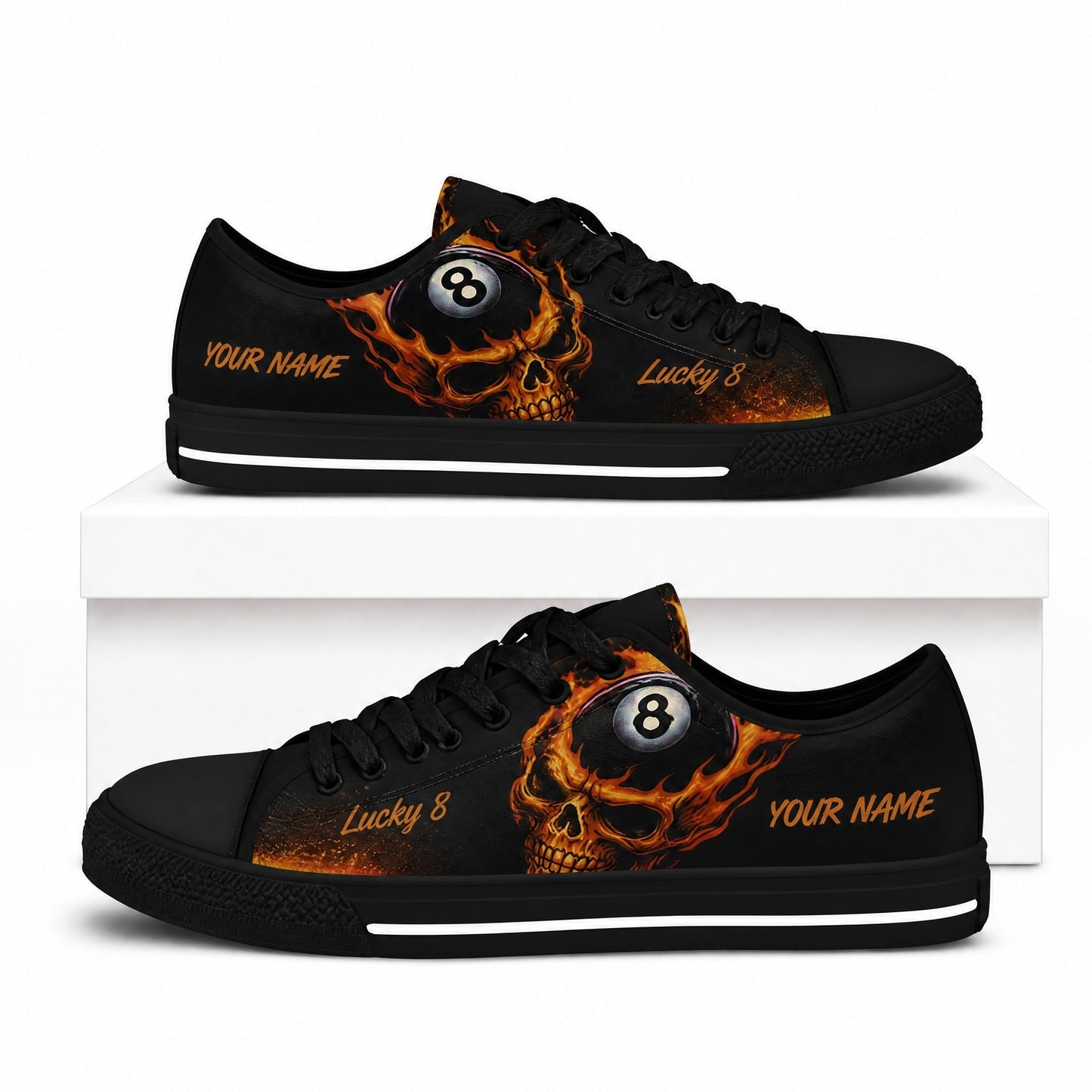 Flaming Skull Break Shot Eight Ball Graphic Custom Low Top Shoes Box Black