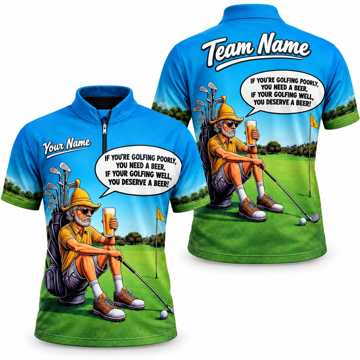 Funny Beer Golf Cartoon Personalized Golf Polo Shirt Jersey Zip 1 4 Collar