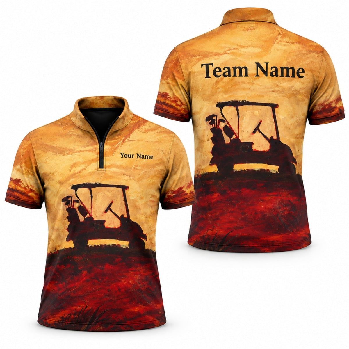 Golf Cart Silhouette Graphic Personalized Golf Polo Shirt Jersey Zip 1 4 Collar