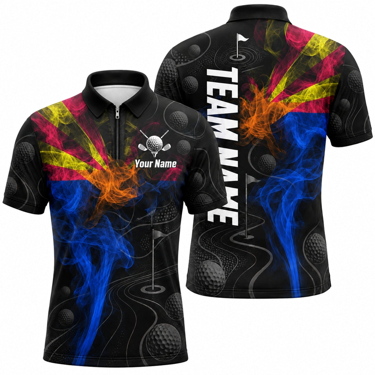 Golf Flag And Smoke Graphic Personalized Golf Polo Shirt Jersey Zip 1 4 Collar