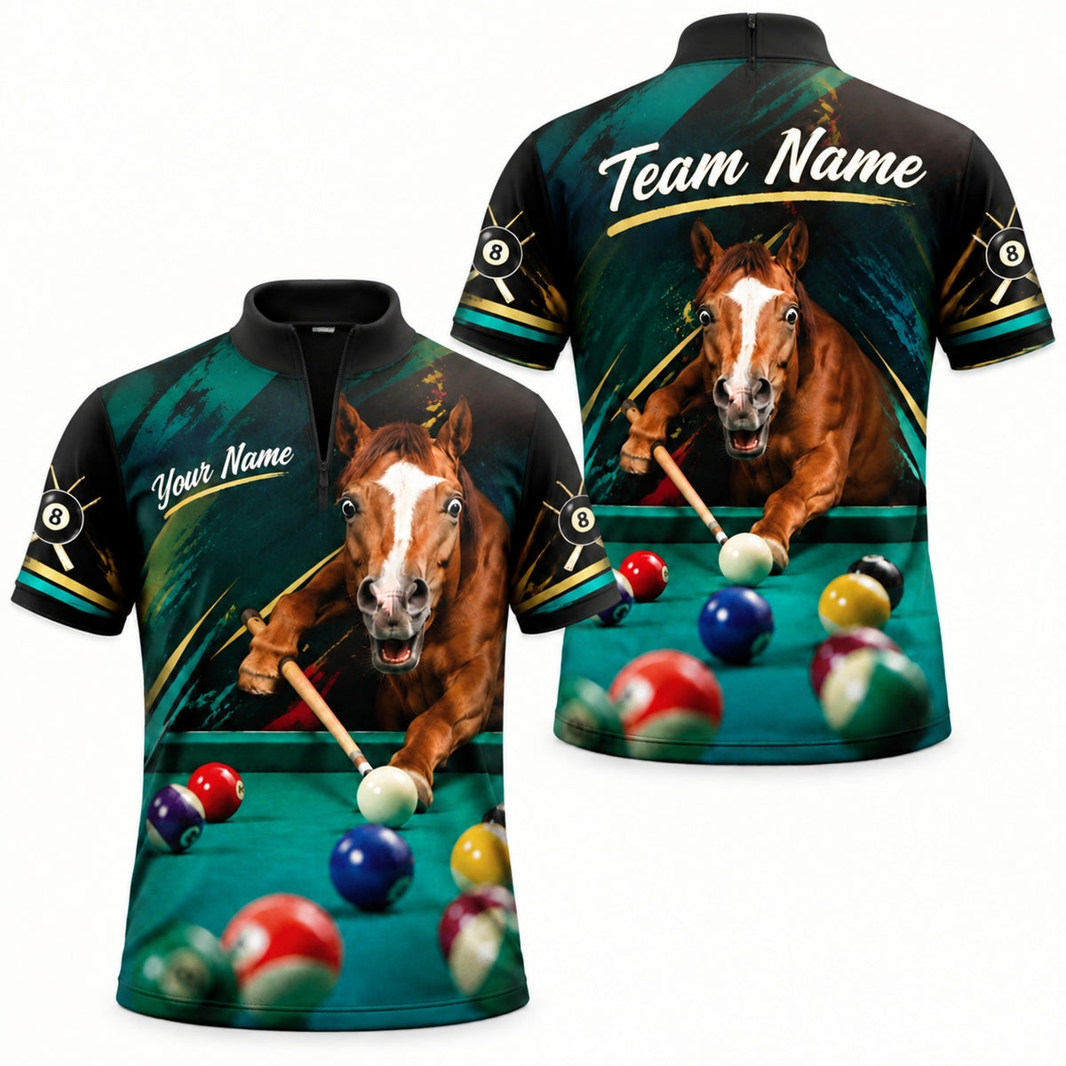 Horse Billiards Player Sport Personalized Billiard Polo Shirt Jersey Zip 1 4 Collar
