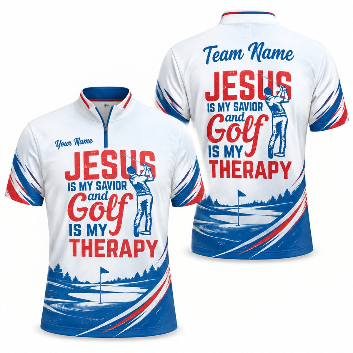 Jesus Is My Savior Golf Is My Therapy Golf Life Quote Personalized Golf Polo Sh Jersey Zip 1 4 Collar