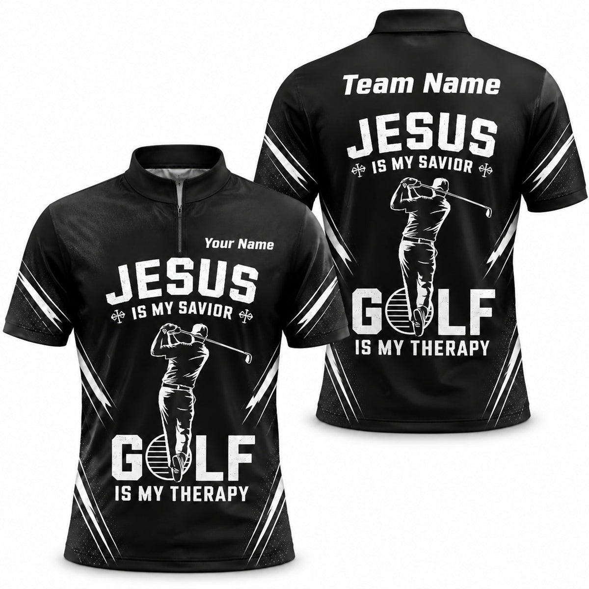 Jesus Is My Savior Golf Is My Therapy Golf Lover Personalized Golf Polo Shirt Jersey Zip 1 4 Collar