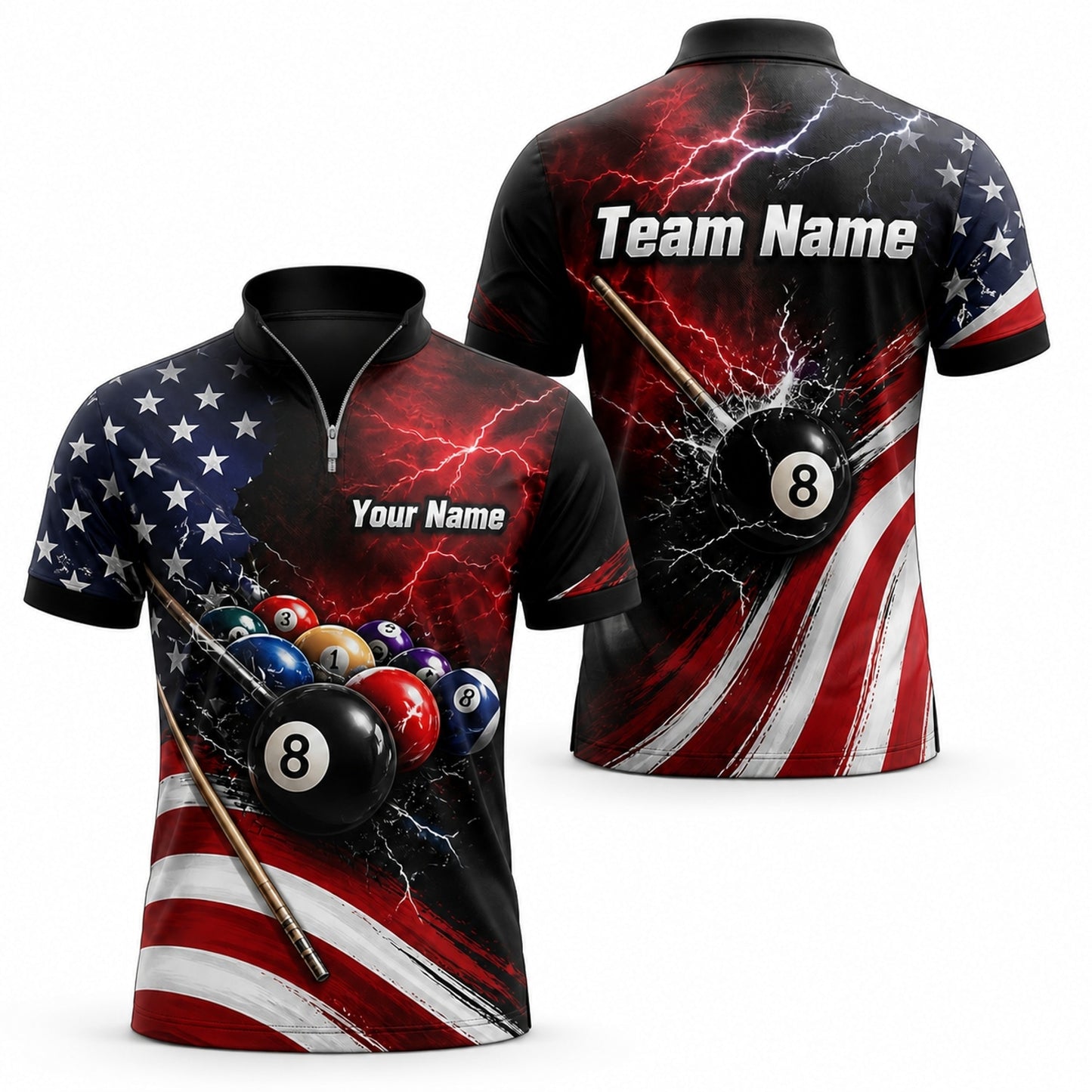 Lightning 8 Ball Team Custom Billiard Polo Shirt Jersey Zip 1 4 Collar