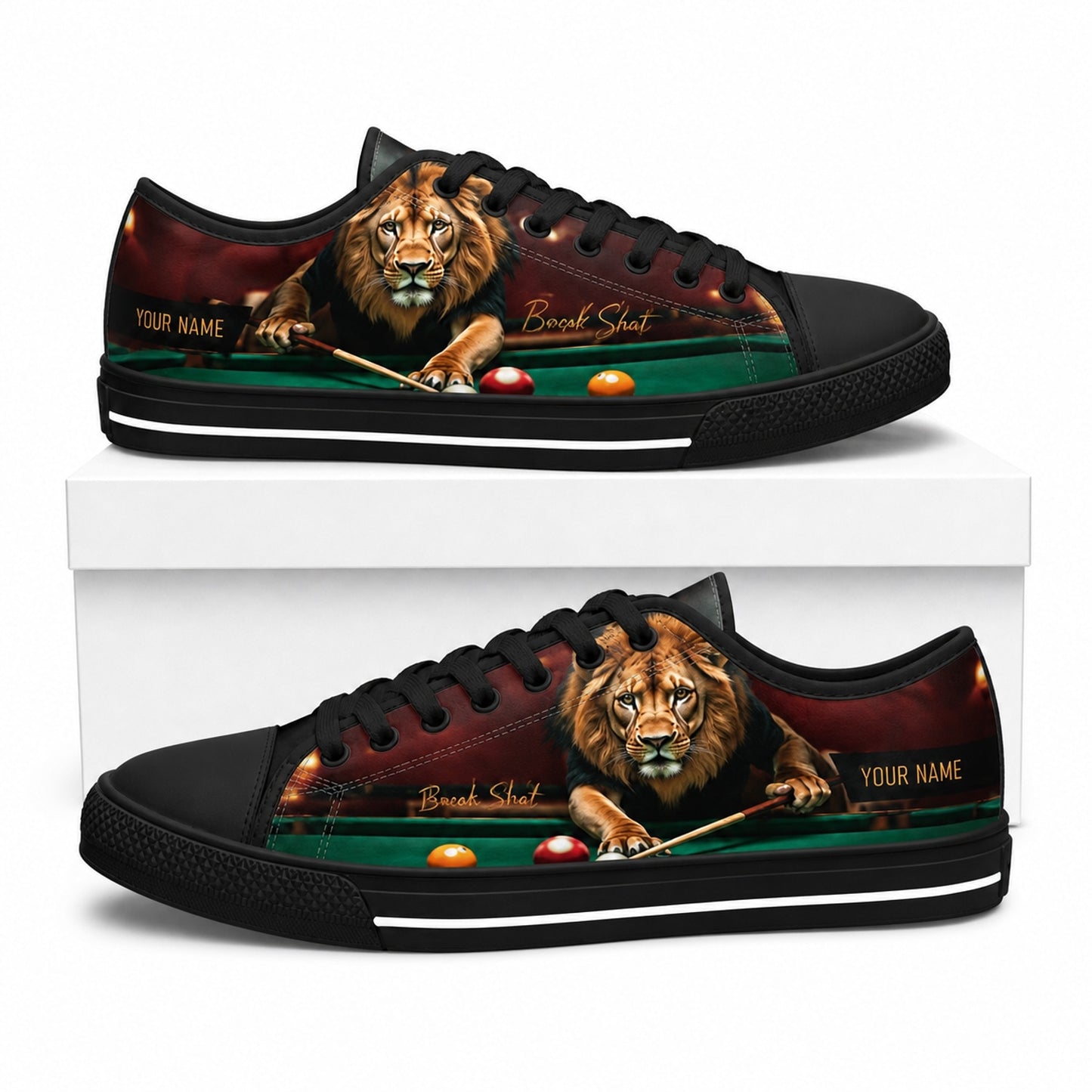 Lion Billiards Break Shot Graphic Personalized Low Top Shoes Box Black