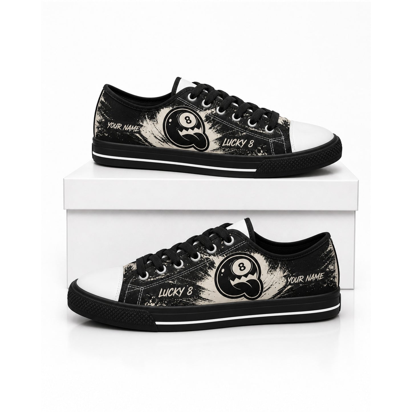 Lucky 8 Eight Ball Graphic Custom Low Top Shoes Box Black