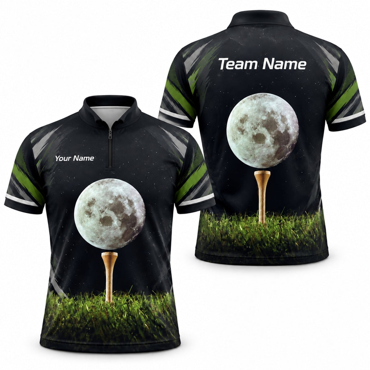 Moon Golf Ball on Tee Graphic Personalized Golf Polo Shirt Jersey Zip 1 4 Collar