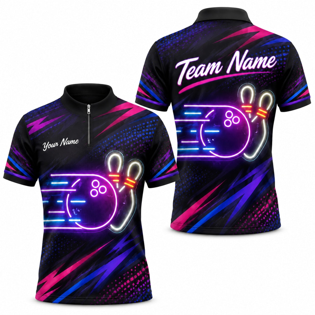 Neon Bowling Ball Strike Sport Custom Bowling Polo Shirt Jersey Zip 1 4 Collar