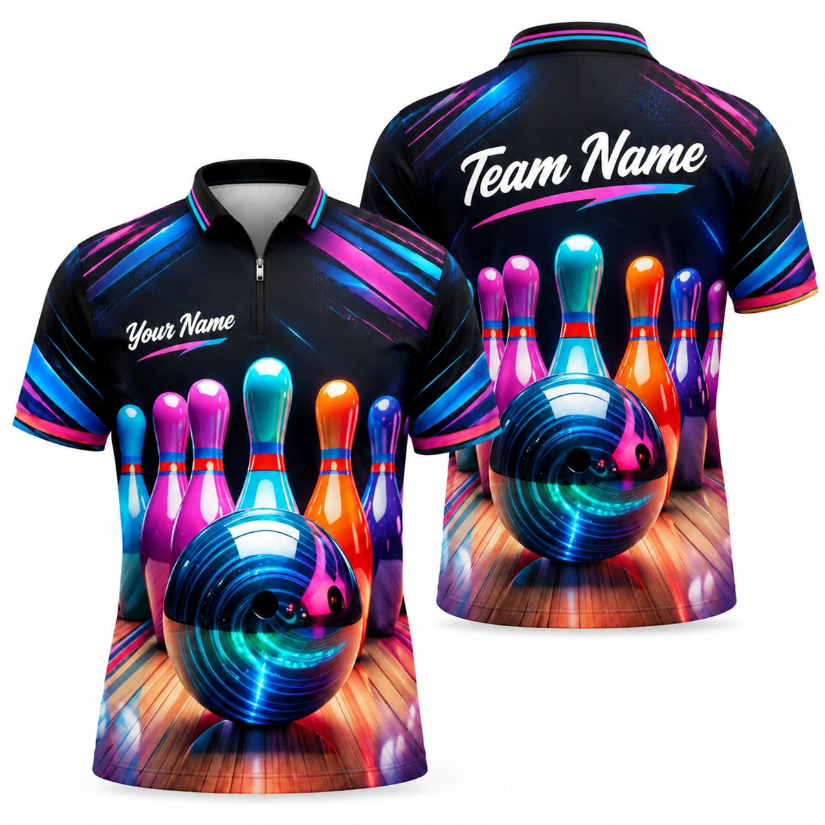 Neon Bowling Ball Strike Sport Personalized Bowling Polo Shirt Jersey Zip 1 4 Collar