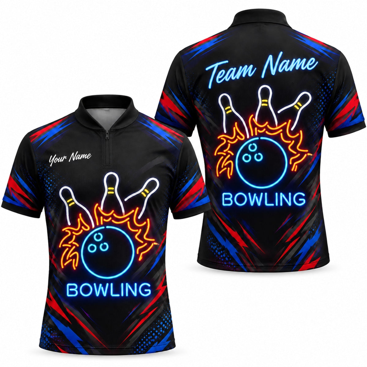 Neon Flaming Bowling Ball Sport Custom Bowling Polo Shirt Jersey Zip 1 4 Collar