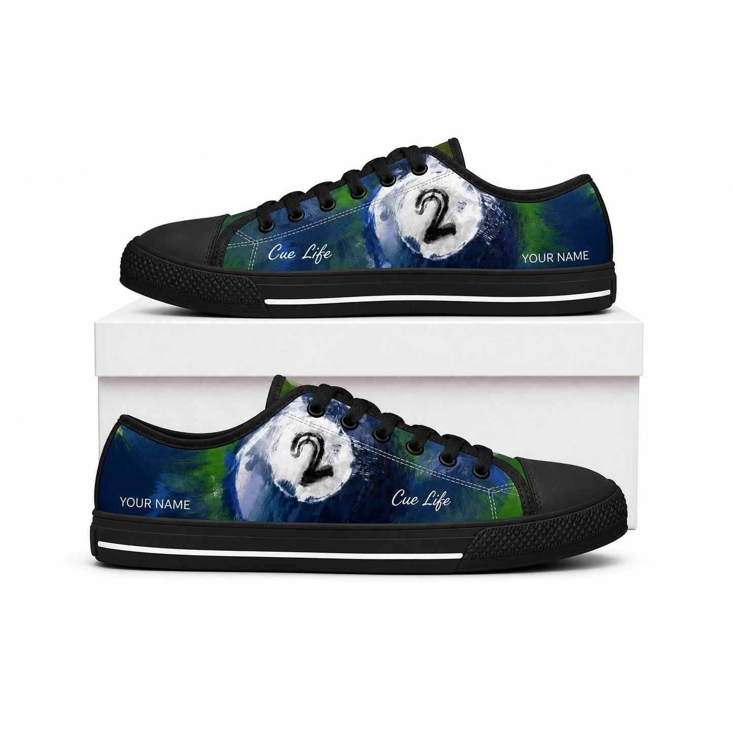 Number 2 Eight Ball Graphic Personalized Low Top Shoes Box Black