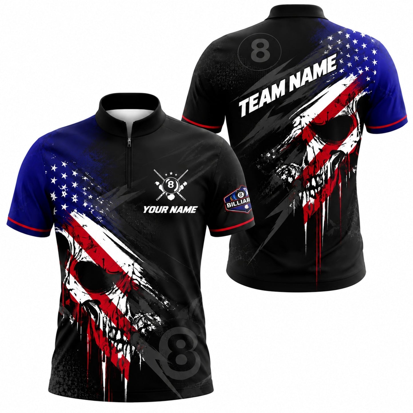 Patriotic Skull 8 Ball Sport Personalized Billiard Polo Shirt Jersey Zip 1 4 Collar