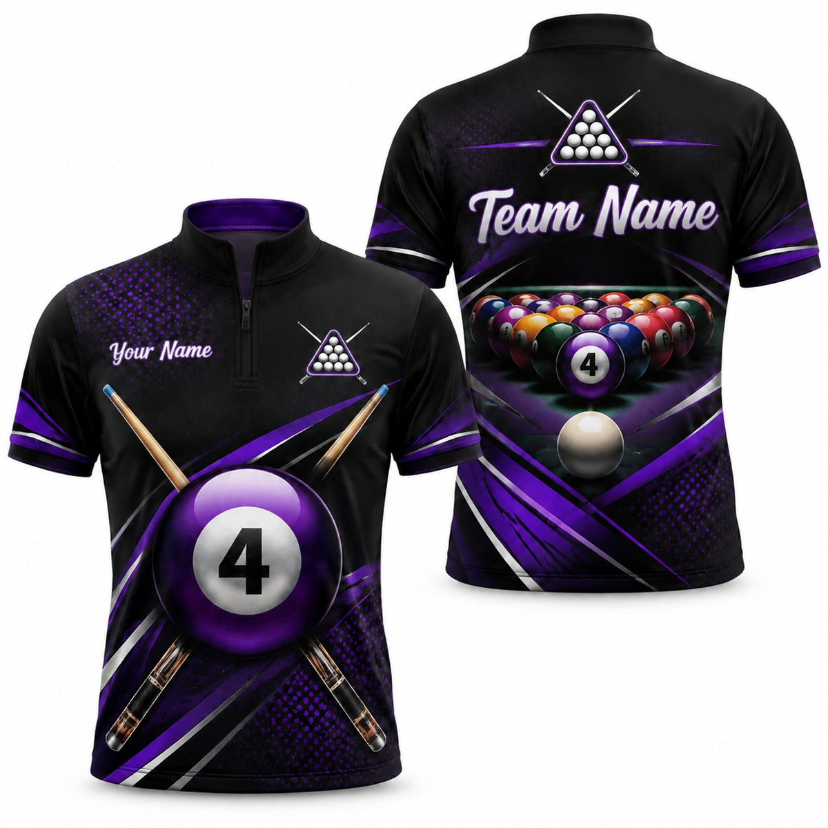 Purple 4 Ball Billiards Sport Personalized Billiard Polo Shirt Jersey Zip 1 4 Collar