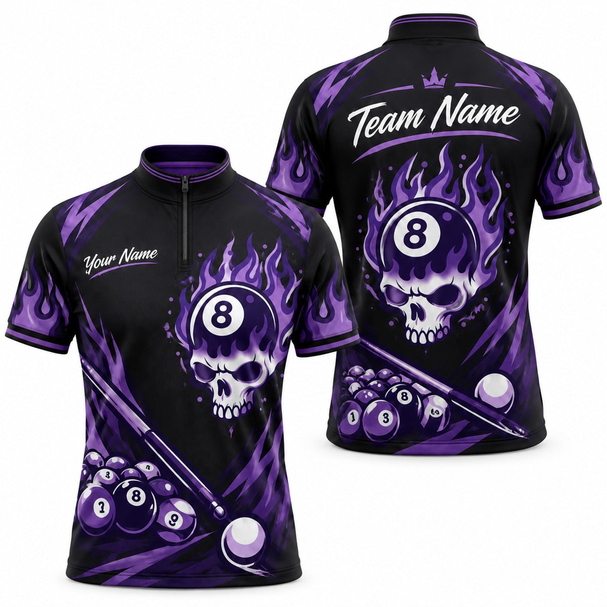 Purple Flaming 8 Ball Skull Graphic Personalized Billiard Polo Shirt Jersey Zip 1 4 Collar