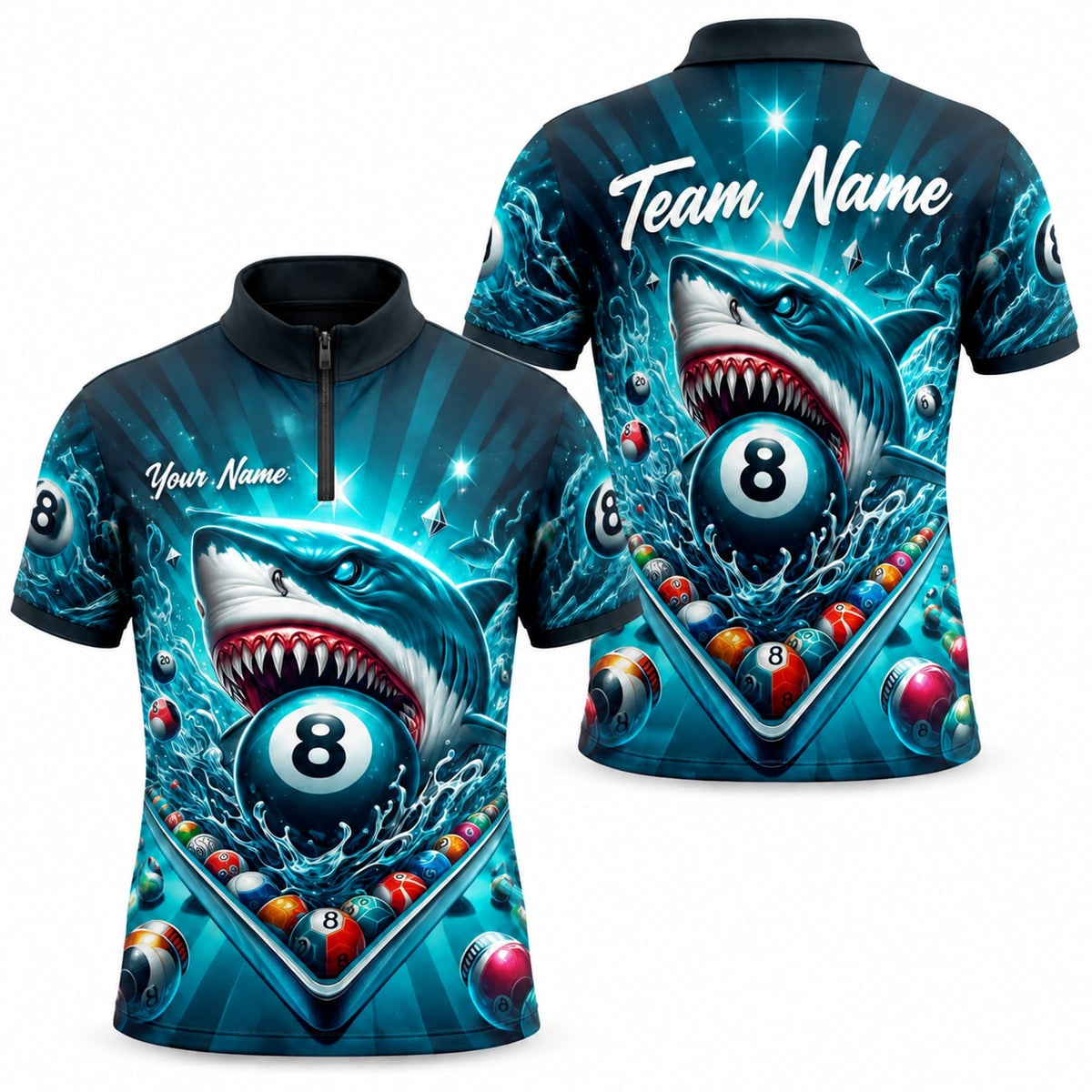 Shark 8 Ball Graphic Personalized Billiard Polo Shirt Jersey Zip 1 4 Collar