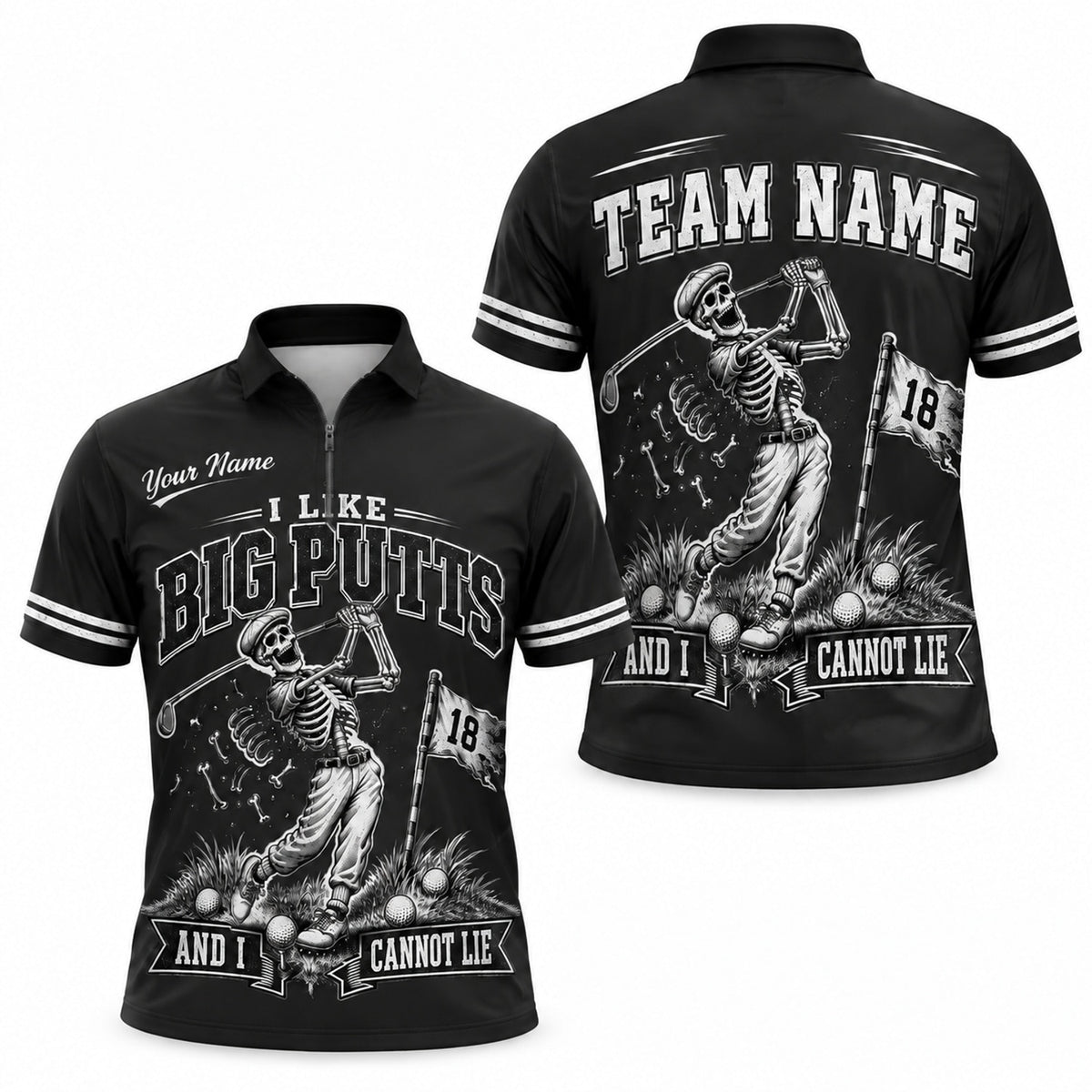 Skeleton Golfer Big Putts Sport Custom Golf Polo Shirt Jersey Zip 1 4 Collar