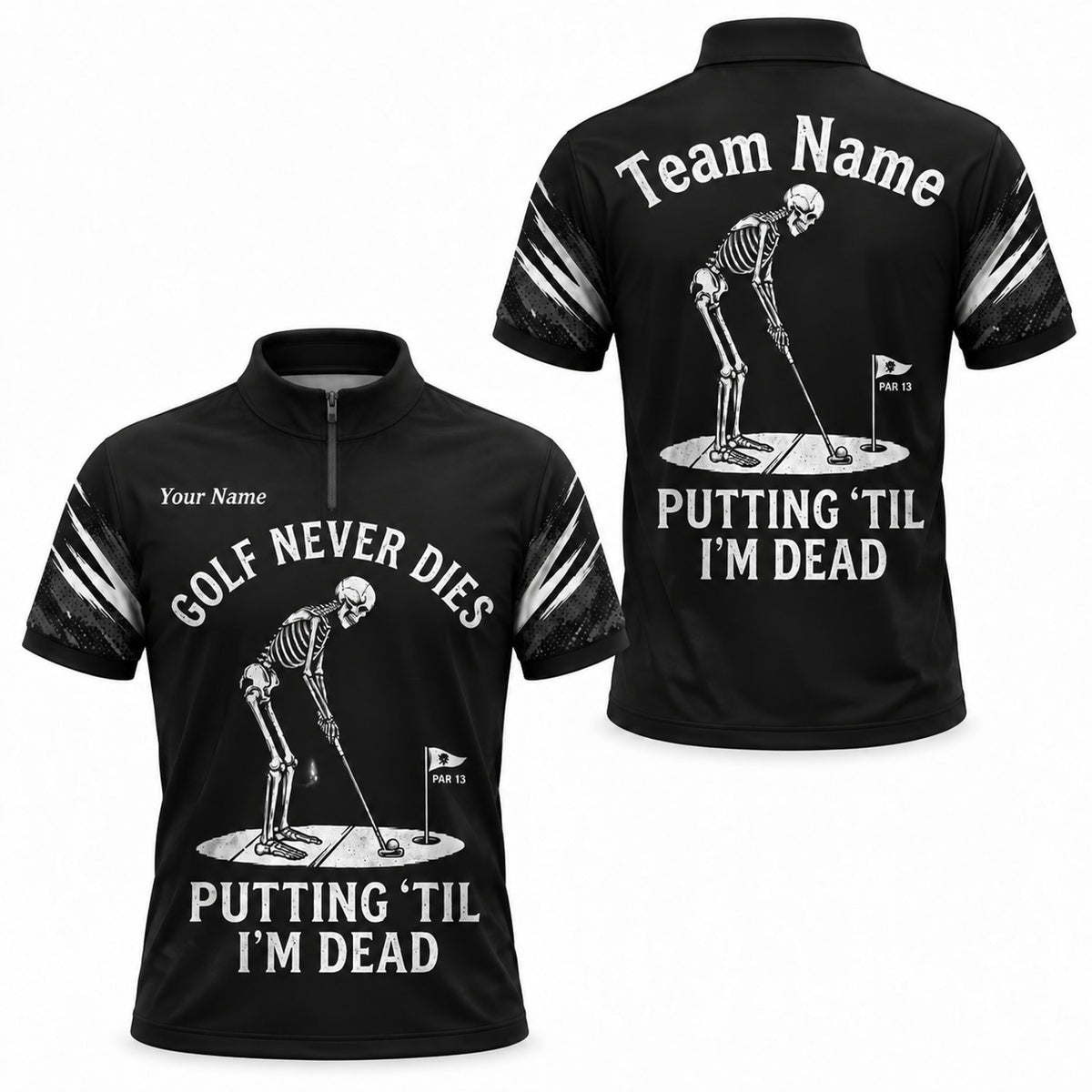 Skeleton Golfer Putting Sport Custom Golf Polo Shirt Jersey Zip 1 4 Collar