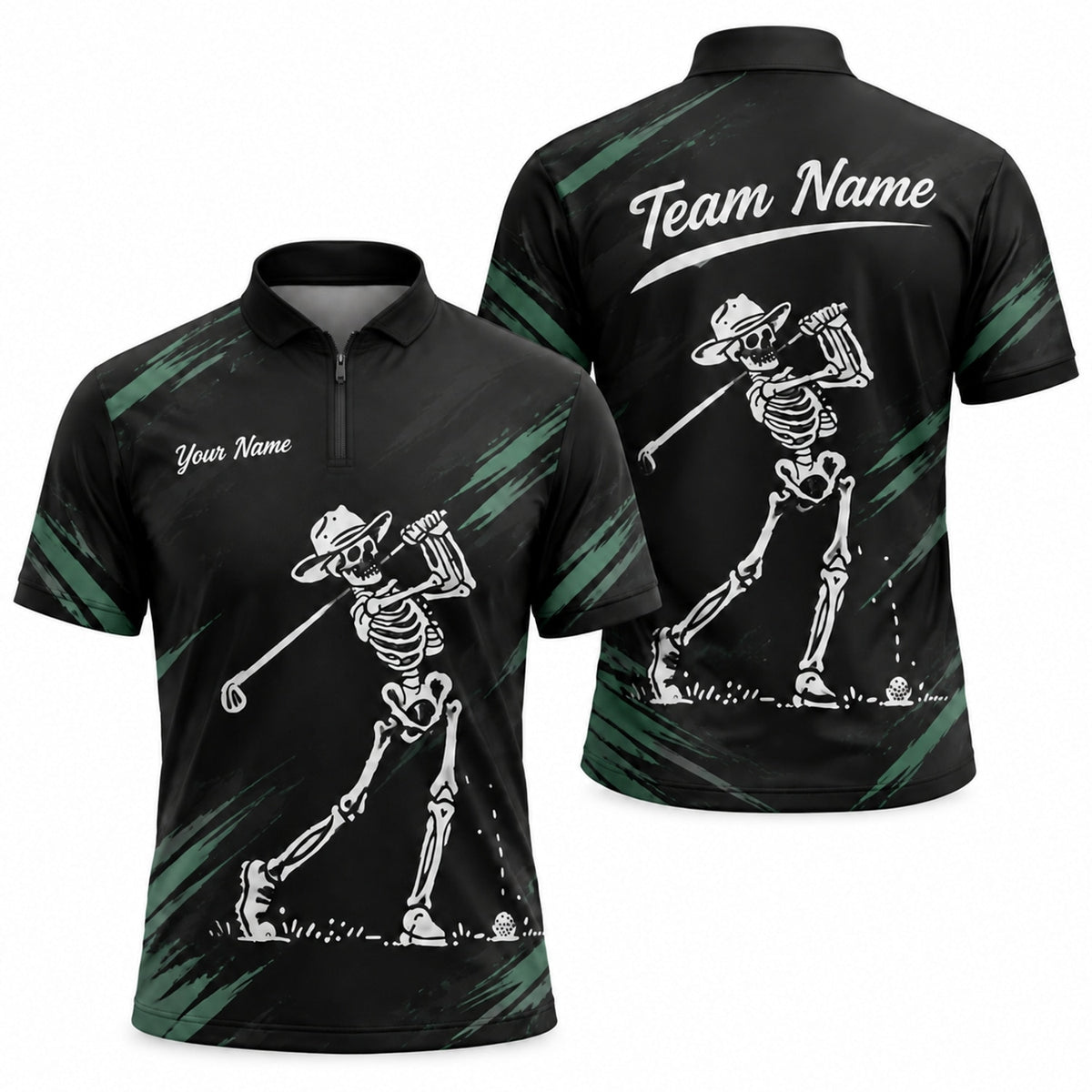 Skeleton Golfer Swing Sport Custom Golf Polo Shirt Jersey Zip 1 4 Collar